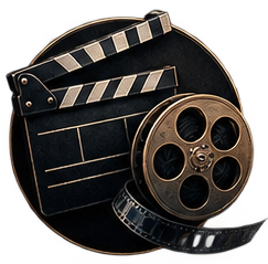 Icono de película con claqueta y rollo de film.