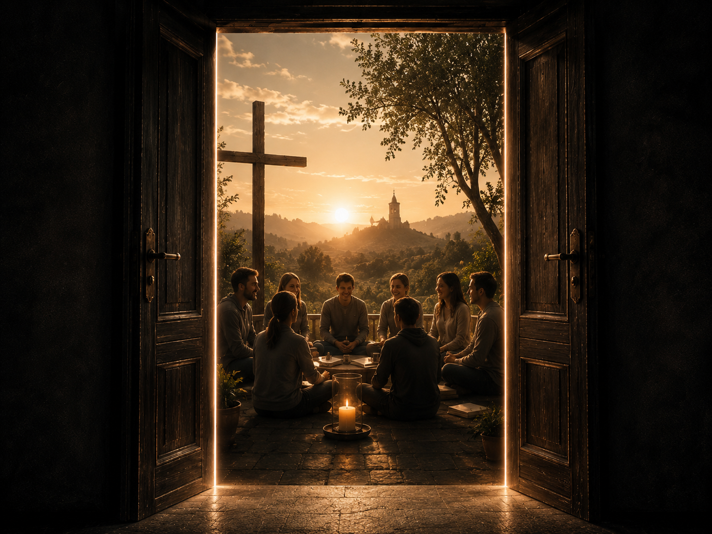 Puerta abierta hacia una escena de encuentro y fe al atardecer.