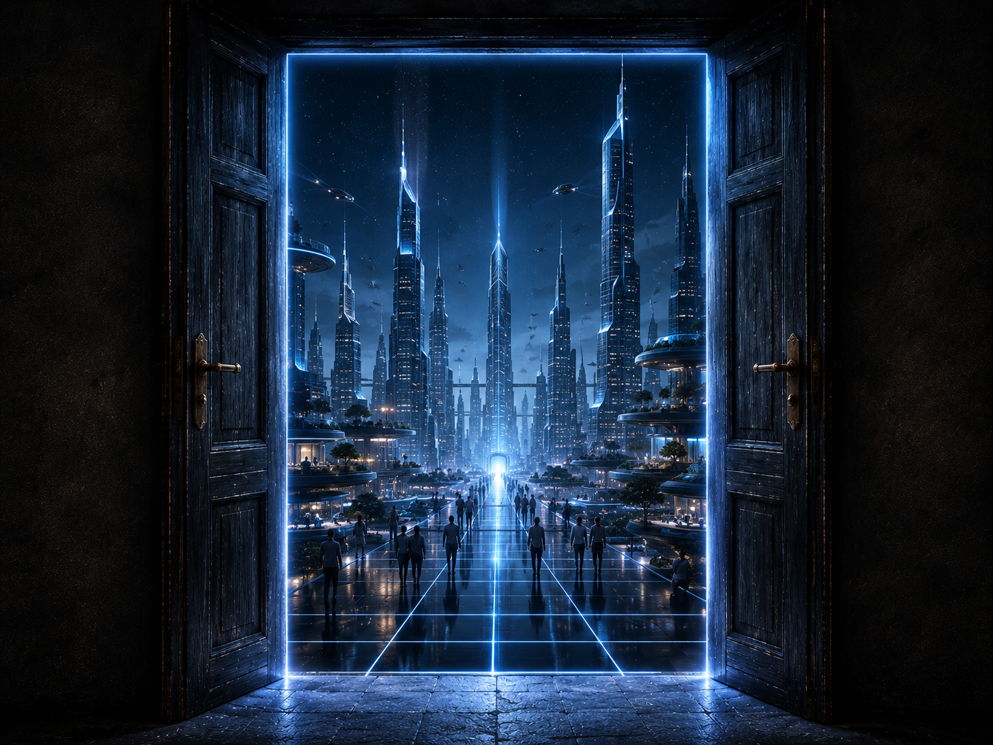 Puerta abierta hacia una ciudad futura iluminada en tonos azules.